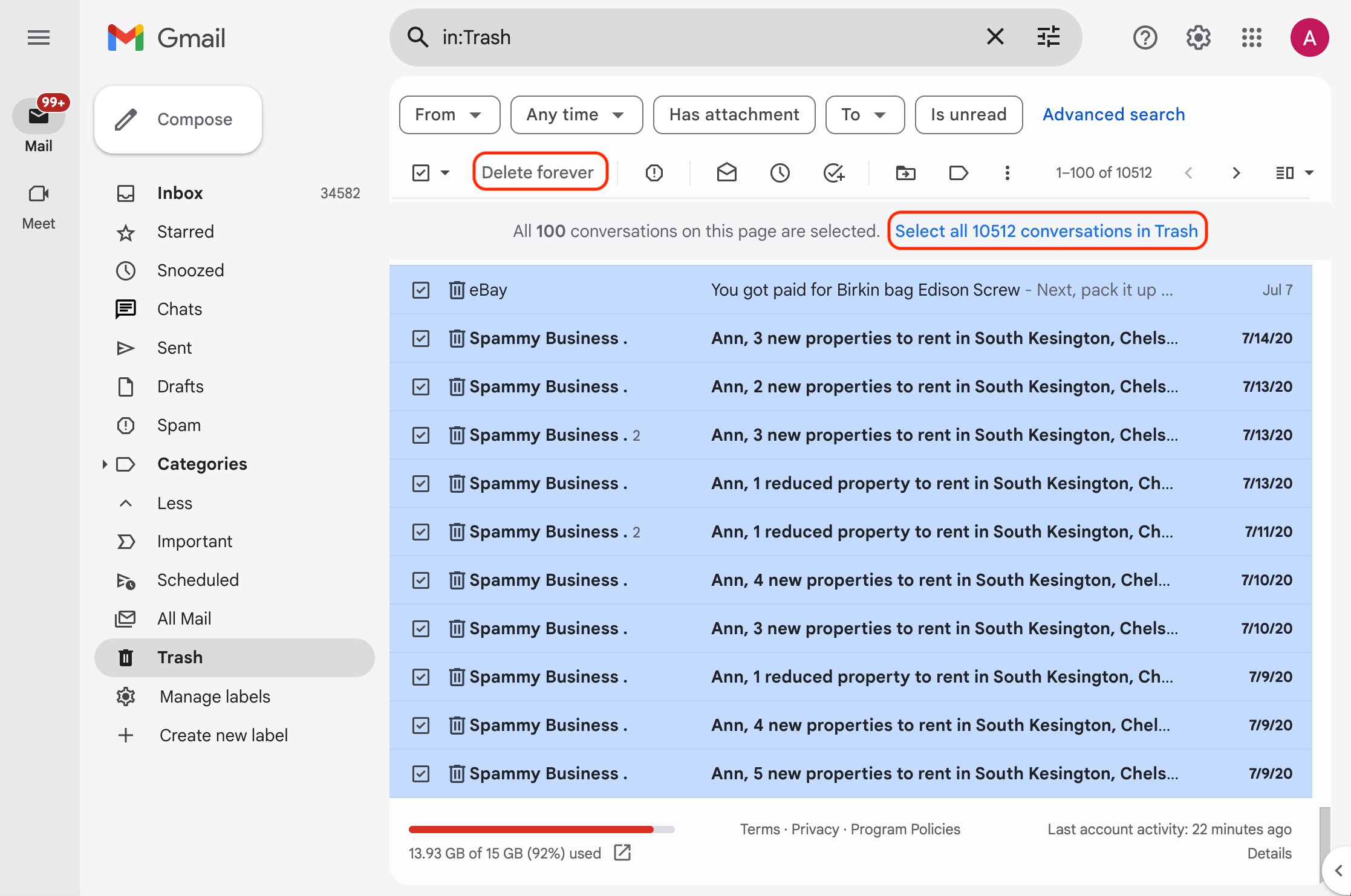 Gmail Empty Trash and Clean Up Storage