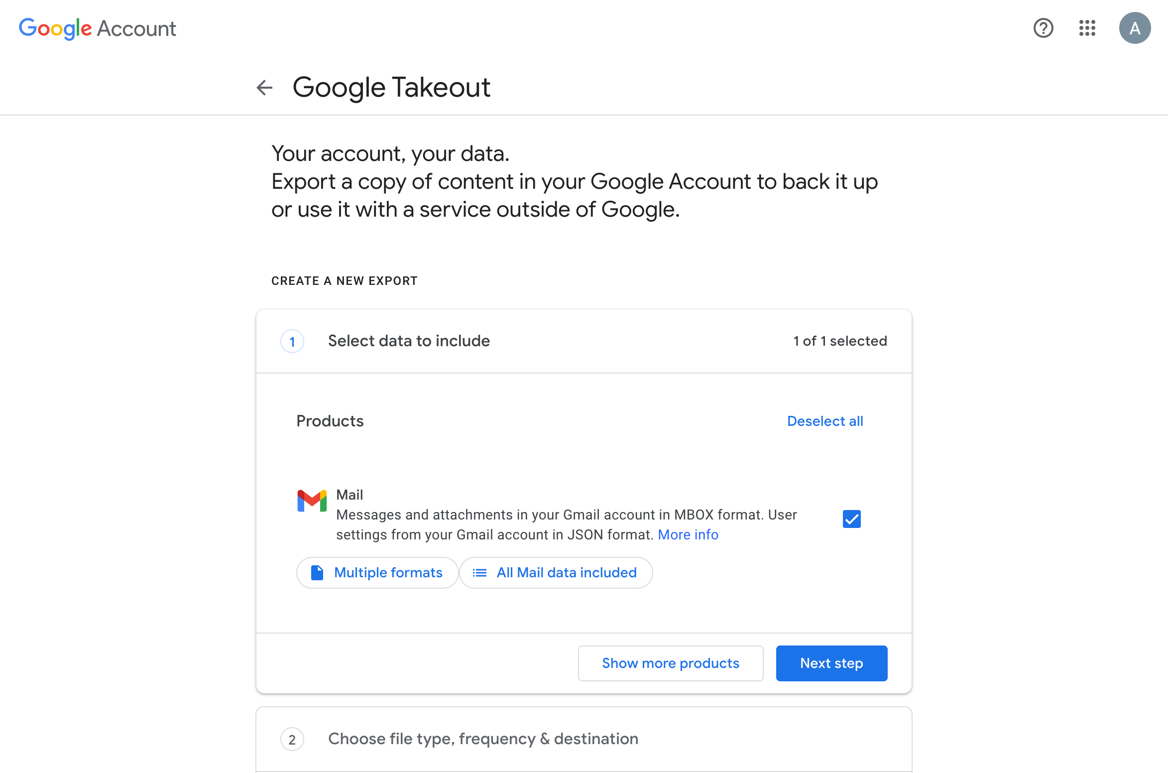 Select Data to Include in Gmail export