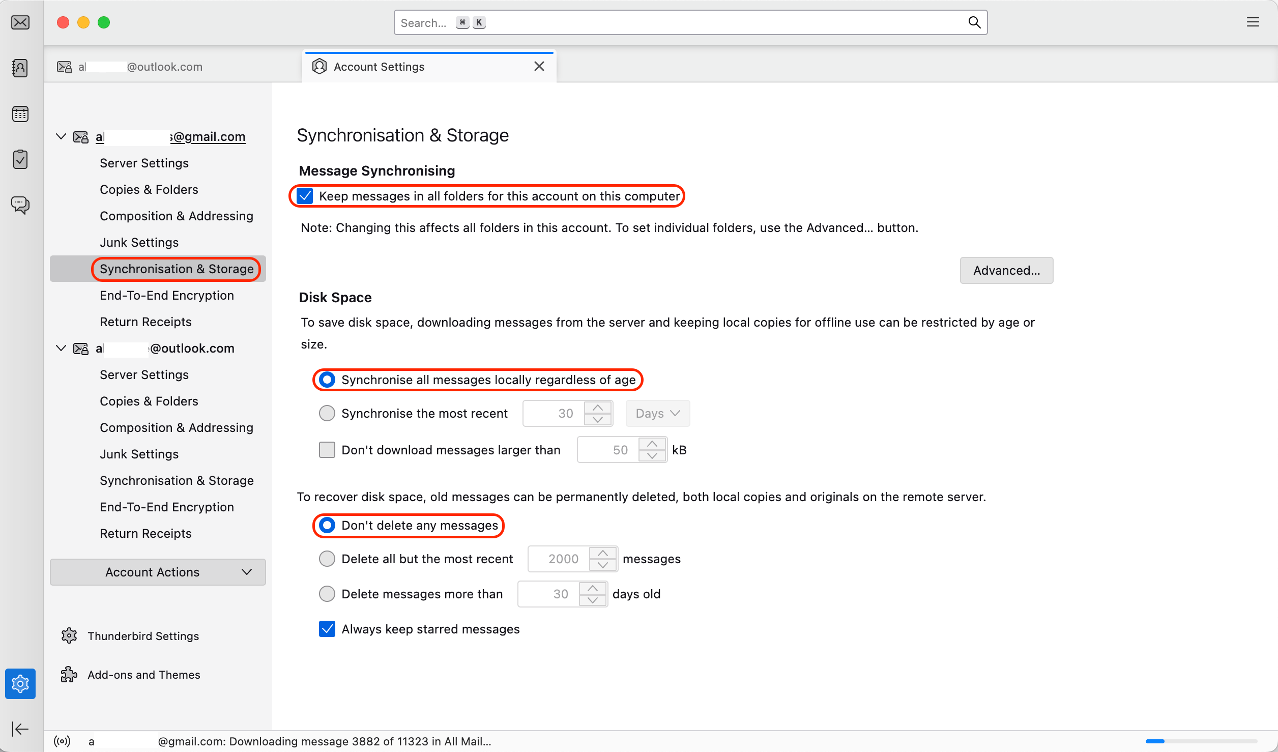 Thunderbird Default Synchronization & Storage options
